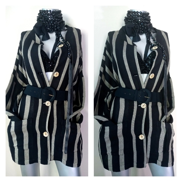 Lagenlook Oversized Pinstripe Asian Girl Wooden Buttons Shacket Relaxed Dress - Picture 9 of 11